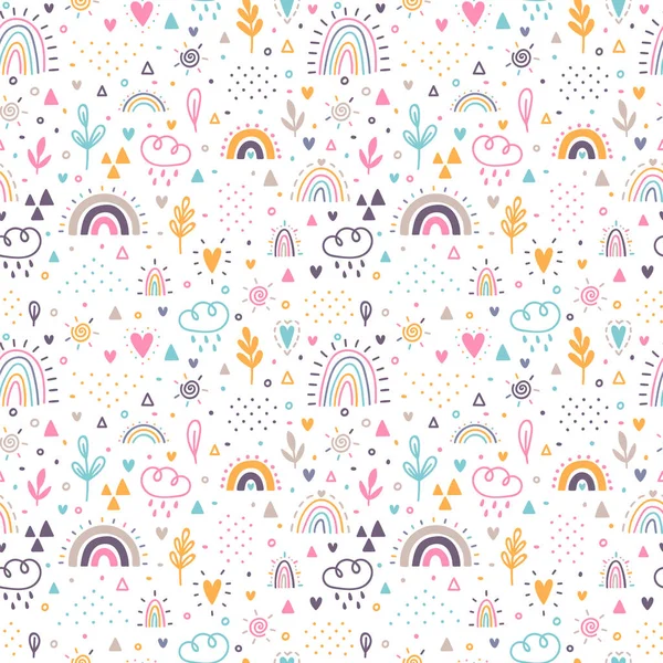 Handgezeichnetes Nahtloses Muster Kindlicher Hintergrund Mit Regenbogen Kinderzimmer Design Für — Stockvektor