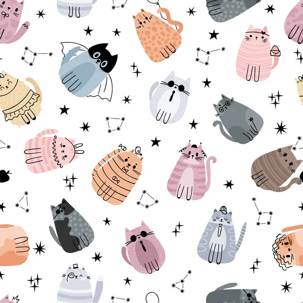 Şekillendirilmiş Çizgi Film Kedileriyle Hoş Pürüzsüz Bir Desen Uzay Yıldızlar — Stok Vektör