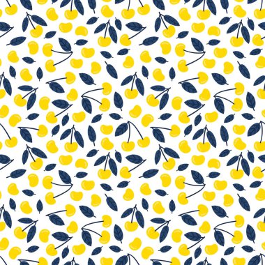 Kirazlı hoş, pürüzsüz desen. Beyaz arka planda izole edilmiş tatlı kirazlar. Tekstil, ambalaj kağıdı, çocuk odası kağıtları. Vektör illüstrasyonu