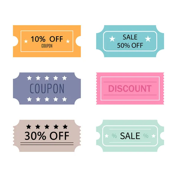 Ensemble Modèles Billets Coupons Vente Rabais Coupons Avec Bords Volants — Image vectorielle