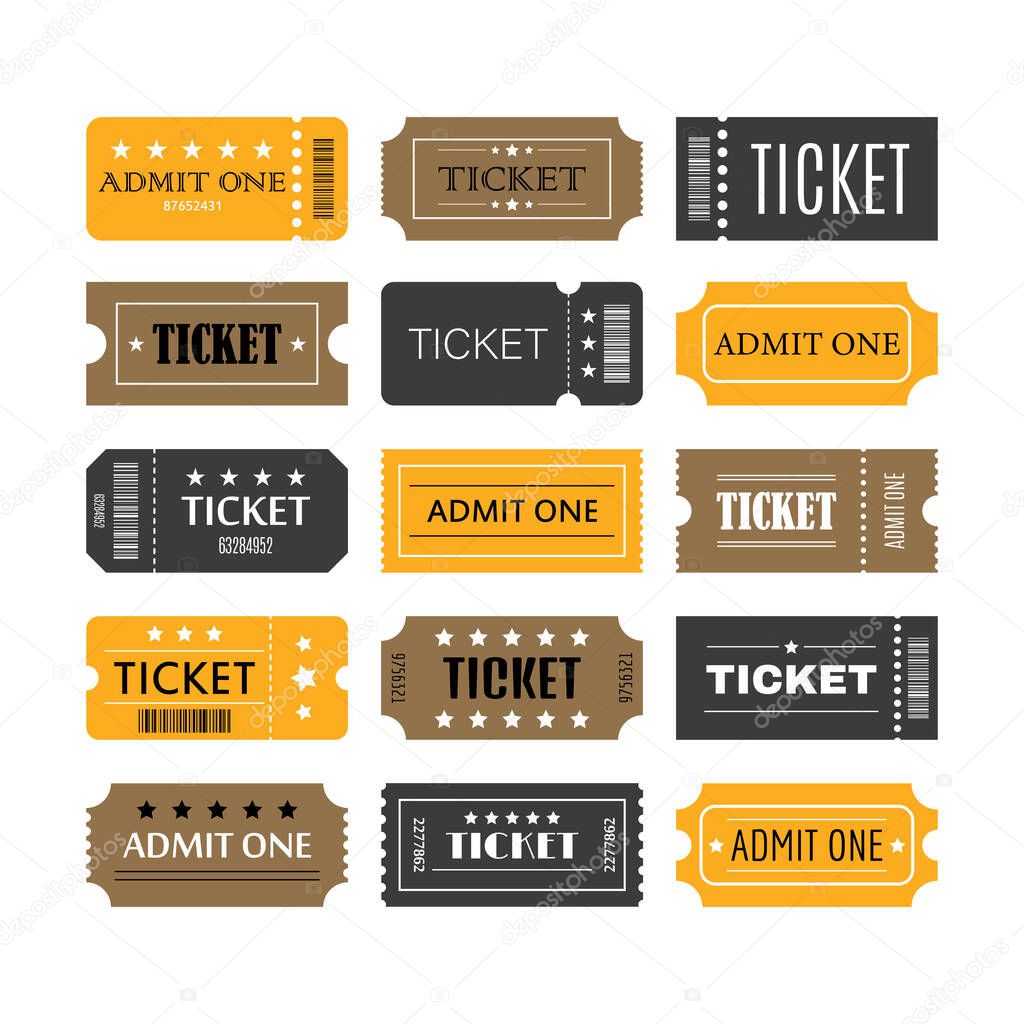 Set of tickets and coupons templates. Sale, discount, coupons with ruffle edges. Concert, cinema, theater cards. Vector illustration
