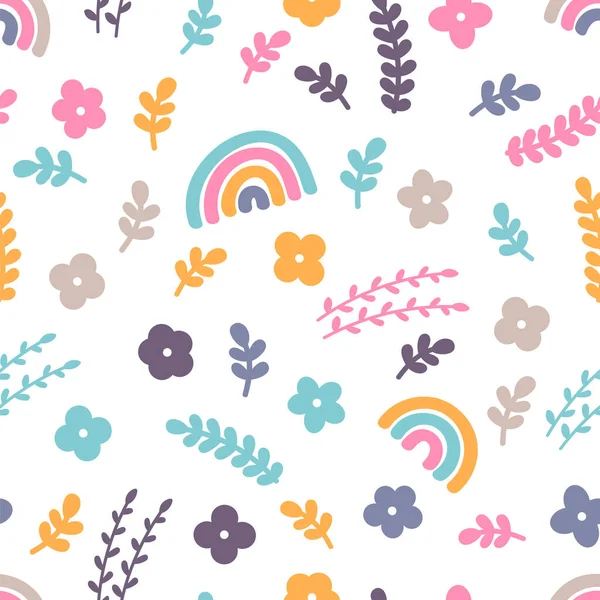 Cute Floral Seamless Pattern Hand Drawn Elements Rainbow Flowers Scandinavian — Vettoriale Stock