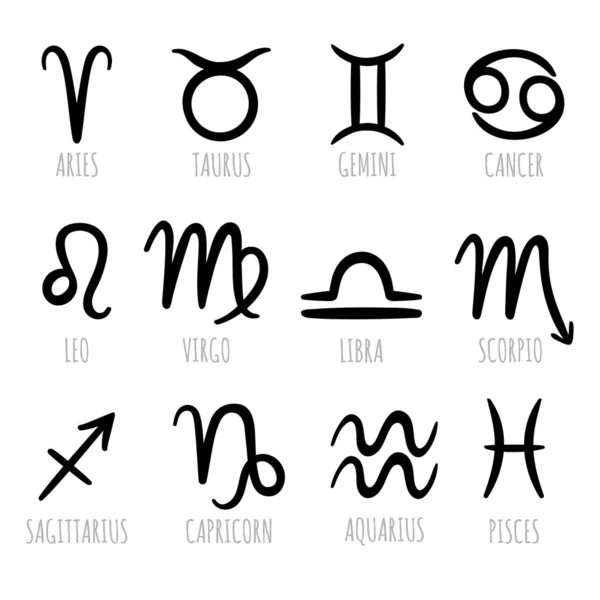 Hand Drawn Zodiac Signs Set Astrological Mystical Symbols Icons Horoscope — Stock Vector