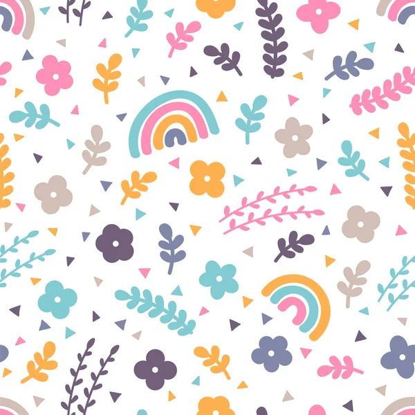 Cute Floral Seamless Pattern Hand Drawn Elements Spring Time Rainbow — Stockvektor