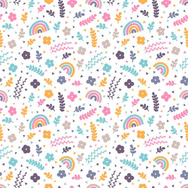 Güzel çiçek desenli, el çizimi elementler. Bahar. Gökkuşağı, çiçekler. İskandinav tarzı. Vektör illüstrasyonu