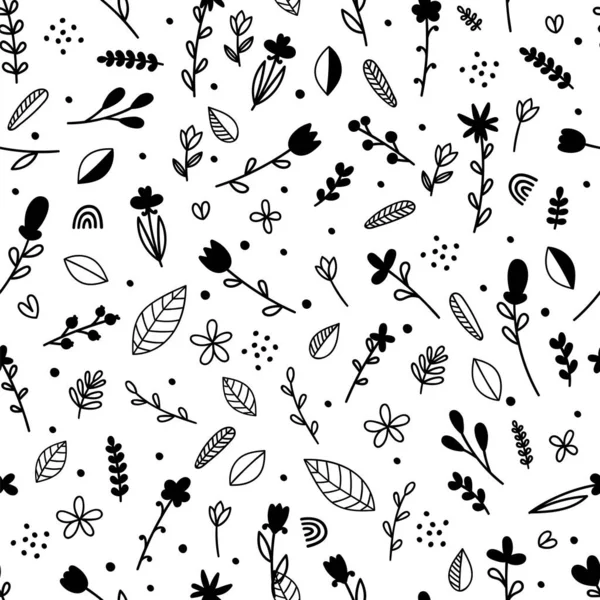 Patrón Sin Costura Floral Con Elementos Dibujados Mano Estilo Escandinavo — Vector de stock