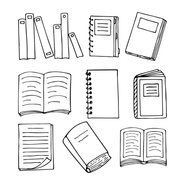 Livros Desenhados Mão Documentos Cadernos Folhas Papel Biblioteca Livraria Ilustração — Vetor de Stock