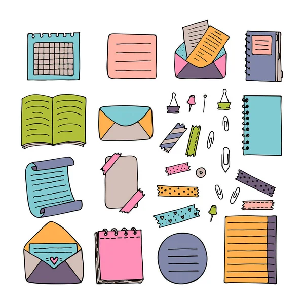 Feuilles Colorées Dessinées Main Papier Documents Enveloppes Cahier Papeterie Notes — Image vectorielle