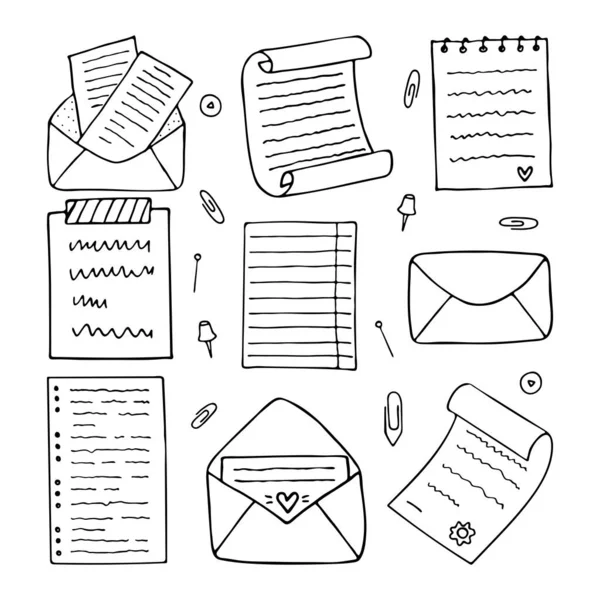 Hand Drawn Envelopes Sheets Paper Documents Diploma Blank Notes Stationery — Stock Vector