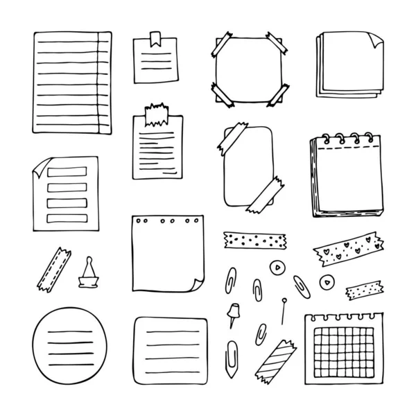 Hojas Papel Dibujadas Mano Documentos Cuaderno Papelería Notas Blanco Ilustración — Archivo Imágenes Vectoriales