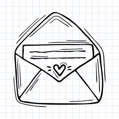 İçinde belgeler olan el yazısı bir zarf. Taslak simgesi. Eskiz stili. Araştırılmış arka plan. Vektör illüstrasyonu