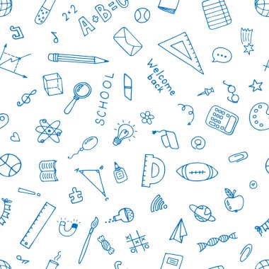 Okul unsurlarıyla el çizimi kusursuz desen. Çizim, karalama. Okul geçmişine dönelim. Vektör illüstrasyonu