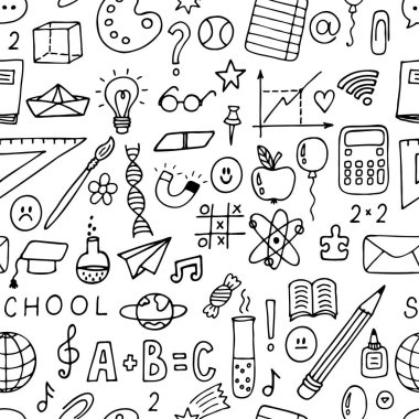 Okul eşyalarıyla ve sembollerle el çizimi kusursuz desen. Okula dönelim. Skeç elementler. Vektör illüstrasyonu