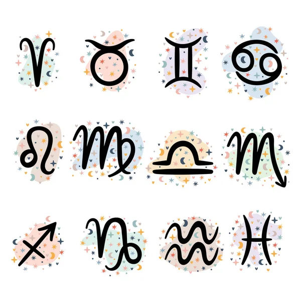 Conjunto Signos Zodíaco Desenhados Mão Símbolos Místicos Astrológicos Ícones Horóscopo — Vetor de Stock