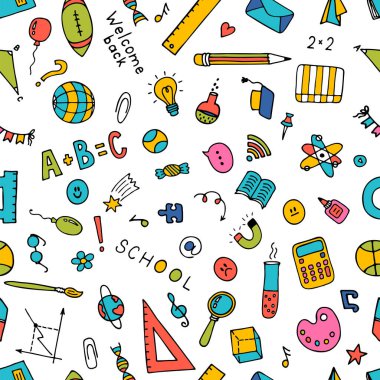 Elle çizilmiş okul unsurlarıyla kusursuz desen. Okul geçmişine dönelim. Tekrar hoş geldin. Vektör illüstrasyonu