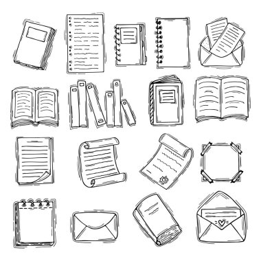 El çizimi kitaplar, belgeler, defter ve kağıtlar. Robot resim. Kırtasiye malzemeleri. Vektör illüstrasyonu