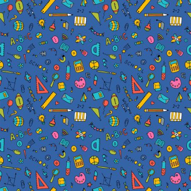 Okul unsurlarıyla el çizimi kusursuz desen. Okul geçmişine dönelim. Tekrar hoş geldin. Vektör illüstrasyonu