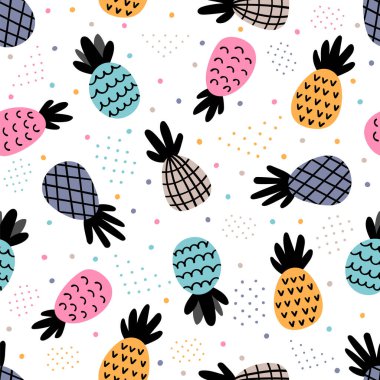 Renkli ananaslı kusursuz desen. Tatlı yaz arkaplanı ve tropikal meyveler. Vektör illüstrasyonu
