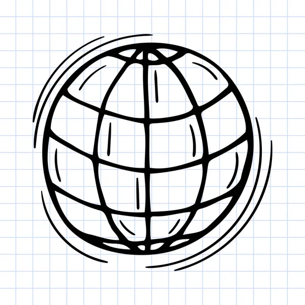 Handgezeichneter Globus Erdmodellsymbol Auf Kariertem Hintergrund Büromaterial Doodle Vektorillustration — Stockvektor