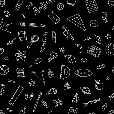 Elle çizilmiş eğitici okul unsurlarıyla okula kusursuz bir şekilde geri döndü. Tekrar hoş geldin. Vektör illüstrasyonu