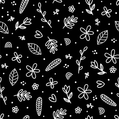 Siyah arka planda el çizimi elementleri olan sevimli çiçek desenli. İskandinav tarzı. Karalama çiçekleri. Vektör illüstrasyonu