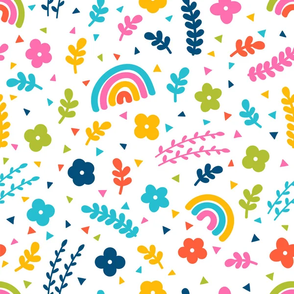 Schattig Bloemloos Naadloos Patroon Met Hand Getekende Elementen Regenboog Bloemen — Stockvector