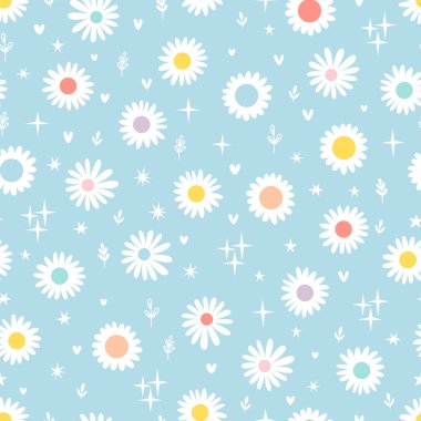 Papatyalı çiçek izi. Papatya pürüzsüz desen. Tekstil, kumaş ve ambalaj kağıtları için harika bir tasarım. Vektör illüstrasyonu