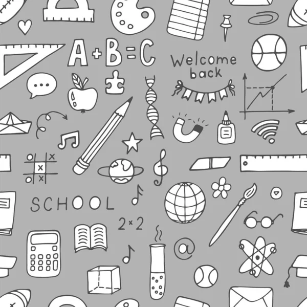 学校の要素と手描きのシームレスなパターン おかえりなさい 学校の背景に戻る ベクターイラスト — ストックベクタ