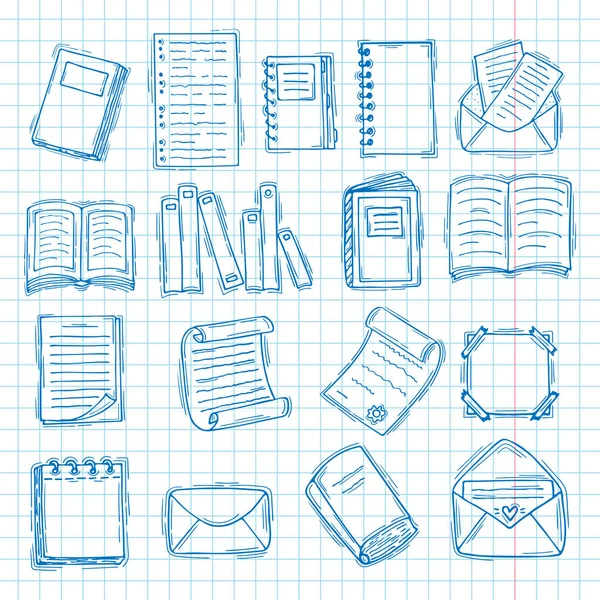 Hand Drawn Books Documents Notebook Sheets Paper Blue Ink Outline — Stock Vector