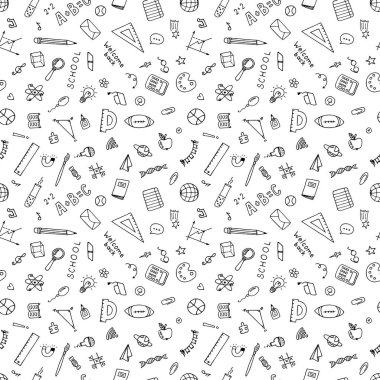 Elle çizilmiş eğitici okul unsurlarıyla okula kusursuz bir şekilde geri döndü. Tekrar hoş geldin. Vektör illüstrasyonu