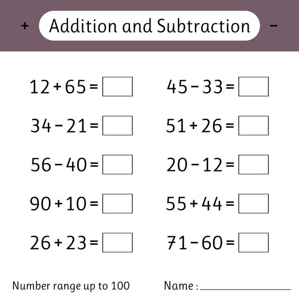 Addition Subtraction Number Range 100 Mathematics Math Worksheet Kids Solve — 图库矢量图片