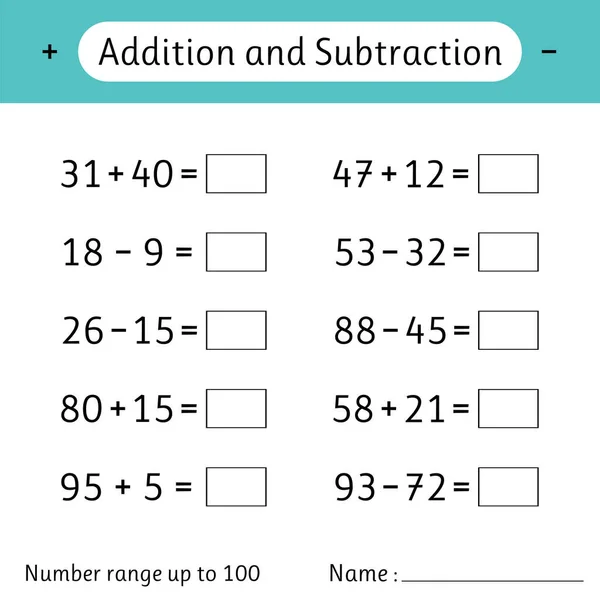 Addition Subtraction Number Range 100 Math Worksheet Kids Solve Examples — 图库矢量图片