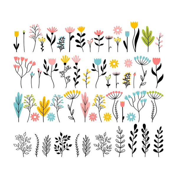 Big Set Hand Drawn Flowers Floral Collection Doodle Style Cute — Image vectorielle