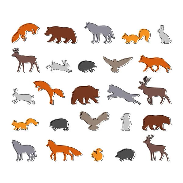 Animali Della Foresta Silhouette Disegnate Mano Descrivere Animali Selvatici Boschivi — Vettoriale Stock