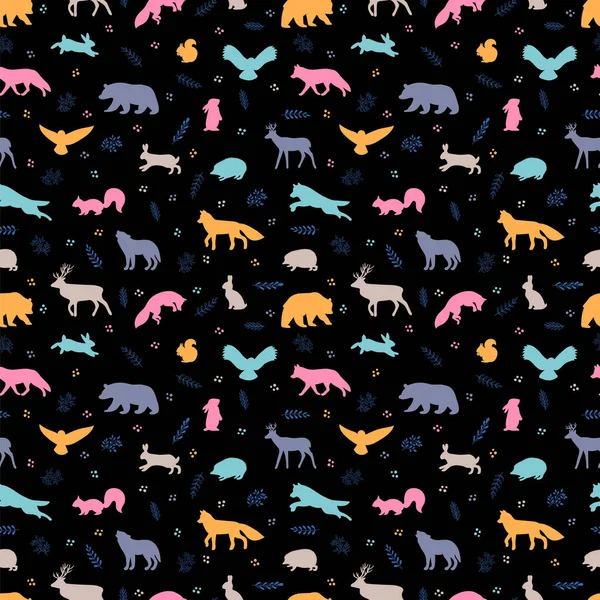 野生動物とのシームレスなパターン 森の生活 包装紙の背景 ベクターイラスト — ストックベクタ