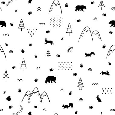 Vahşi orman hayvanlarıyla kusursuz bir düzen. İskandinav tarzı. El çizimi arka plan. Orman hayatı. Vektör illüstrasyonu