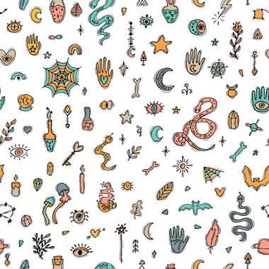 Elle çizilmiş sihirli, pürüzsüz desen. Doodle boho tarzı. Büyücülük baskısı. Cadılar Bayramı. Gizemli ve gizemli bir geçmişi var. Vektör illüstrasyonu