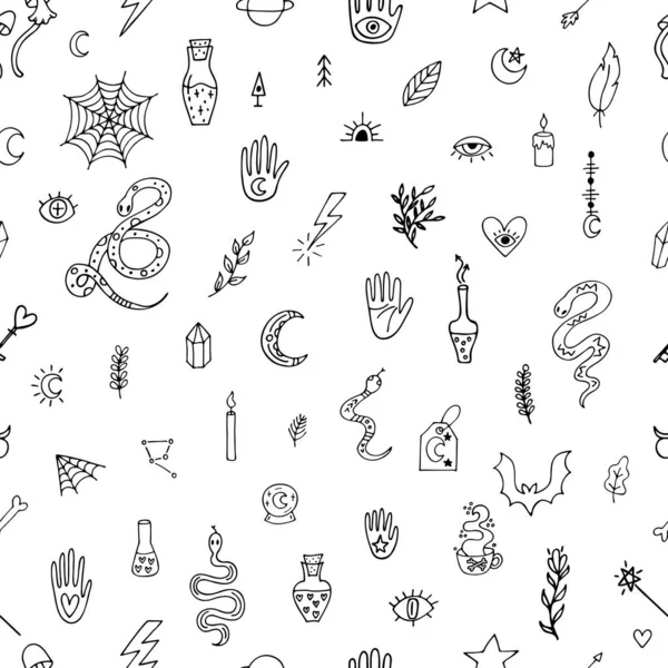 Magico Disegno Mano Senza Soluzione Continuità Halloween Doodle Stile Boho — Vettoriale Stock