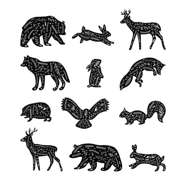 Animaux Forestiers Avec Des Éléments Floraux Silhouettes Dessinées Main Animaux — Image vectorielle