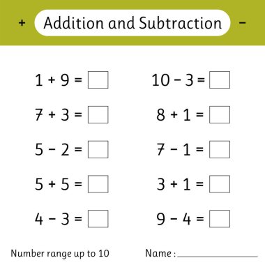 Toplama ve çıkarma. Sayı aralığı 10 'a kadar. Örnekler çöz ve yaz. Çocuklar için matematik ödevi. Matematik. Vektör illüstrasyonu