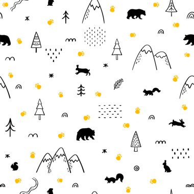 Vahşi orman hayvanlarıyla kusursuz bir düzen. El çizimi arka plan. Orman hayatı. İskandinav tarzı. Vektör illüstrasyonu