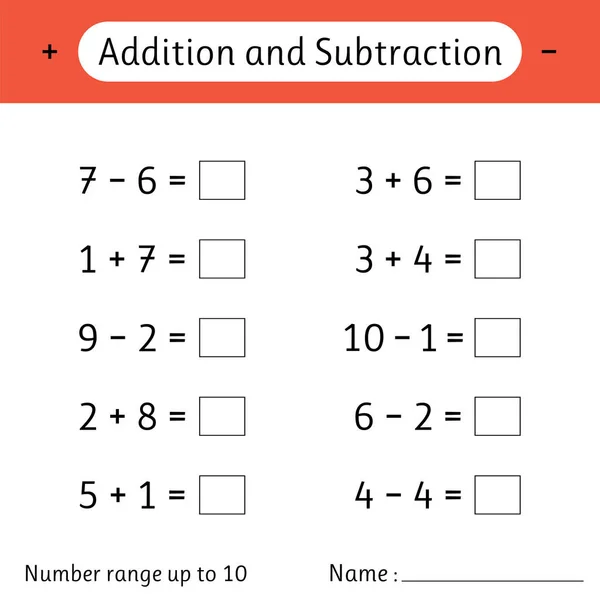 Addition Subtraction Number Range Mathematics Math Worksheet Kids Solve Examples — Vector de stock