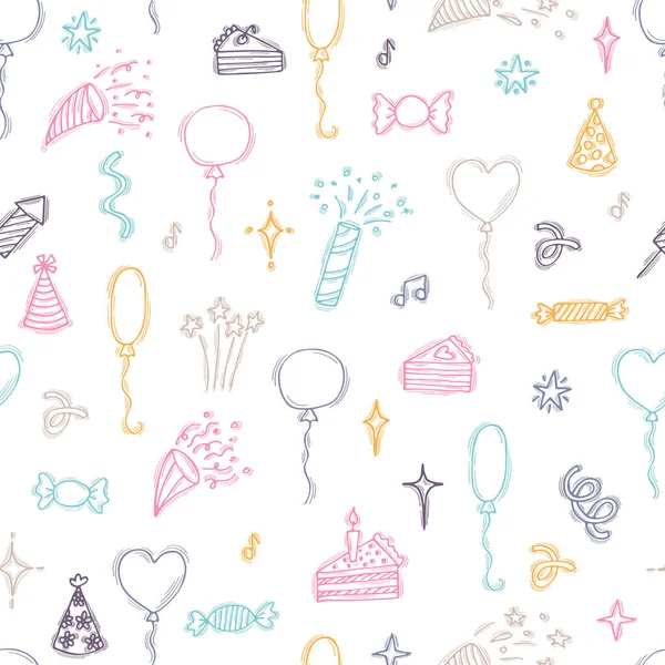 Birthday Seamless Pattern Cute Doodle Background Happy Birthday Hand Drawn — Archivo Imágenes Vectoriales