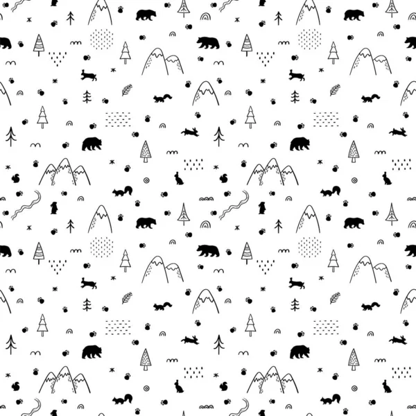 Seamless Pattern Forest Animals Scandinavian Style Hand Drawn Background Woodland — ストックベクタ