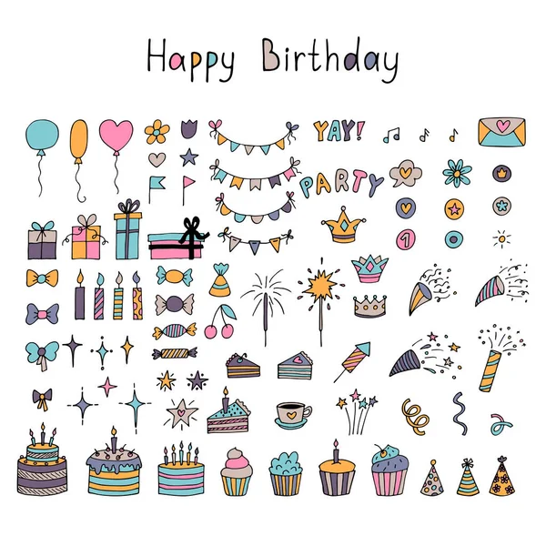 Set Hand Drawn Birthday Party Design Elements Balloons Cupcakes Gifts — Stockvektor