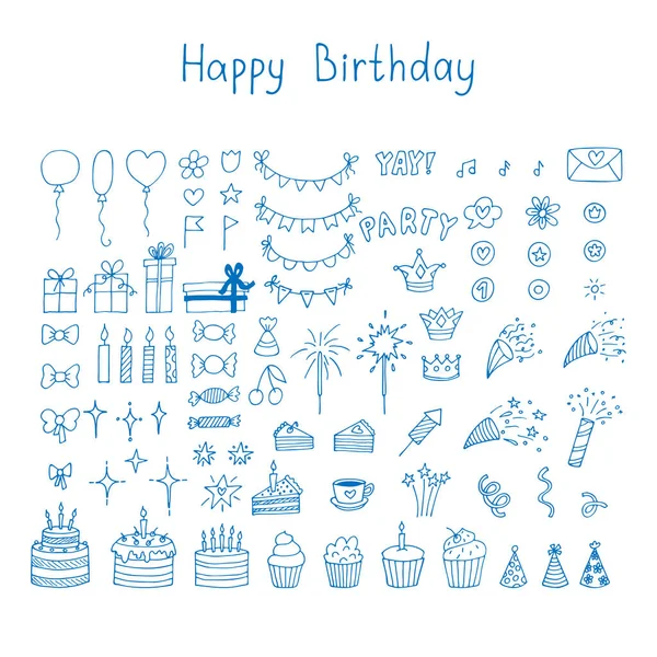 Set Von Handgezeichneten Gestaltungselementen Für Geburtstagsfeiern Luftballons Cupcakes Kuchen Geschenke — Stockvektor