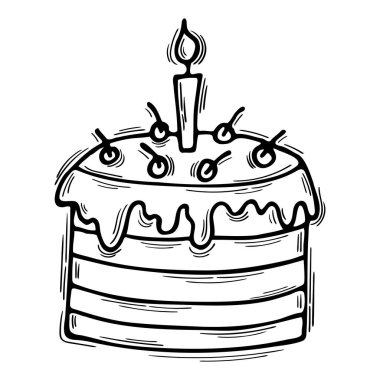 El çizimi doğum günü pastası. Düğün, yıldönümü, parti. Hamur işi yiyecekler. Vektör illüstrasyonu