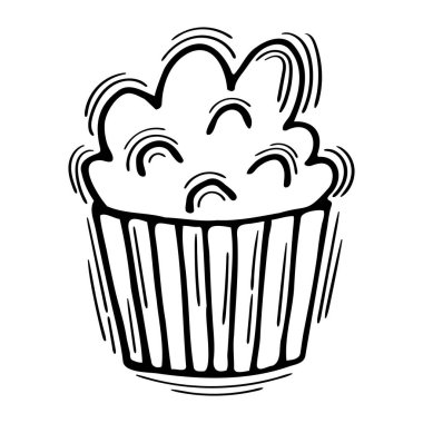 Elle çizilmiş kek. Düğün, yıldönümü, doğum günü partisi. Hamur işi yiyecekler. Vektör illüstrasyonu