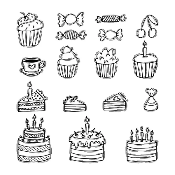 Torte Compleanno Disegnate Mano Cupcake Caramelle Ciliegie Torta Nuziale Doodle — Vettoriale Stock