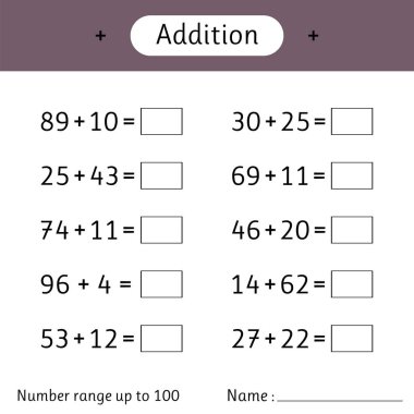 Toplama. Sayı aralığı 100 'e çıktı. Çocuklar için matematik ödevi. Örnekler çöz. Matematik. Sayısal yetenekler geliştiriyorum. Vektör illüstrasyonu